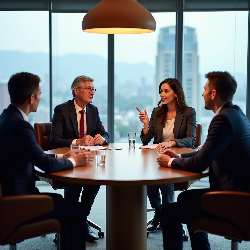 Senior professionals engaged in strategic discussion around a polished conference table