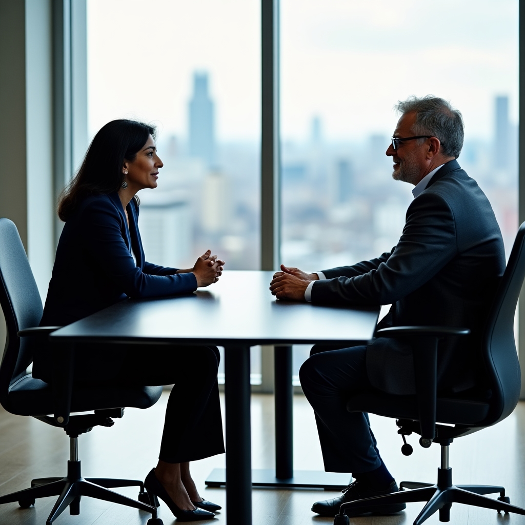 Professional coaching session in a modern conference room with natural light