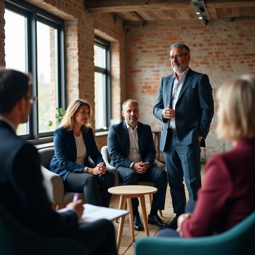 Group of professionals around a table during a facilitated leadership skills session