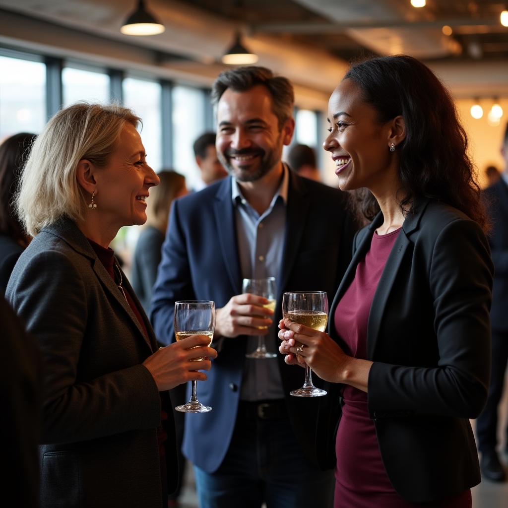 Professional at a casual internal event speaking naturally with colleagues in an open-plan office