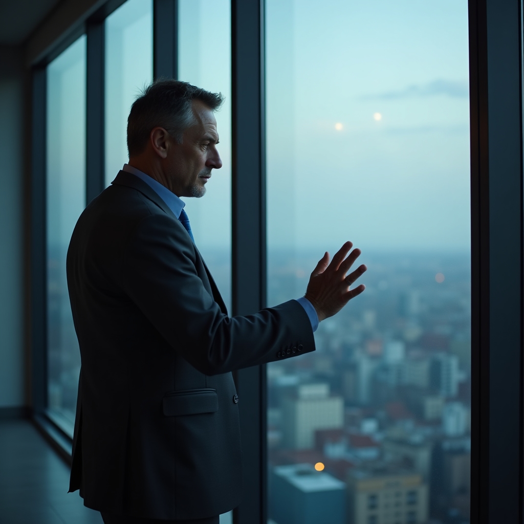 Professional in thoughtful reflection by large office window overlooking city