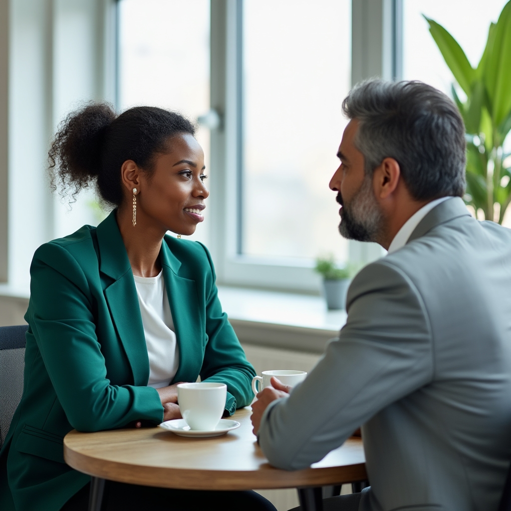 Two professionals in focused one-to-one conversation in a bright modern office setting
